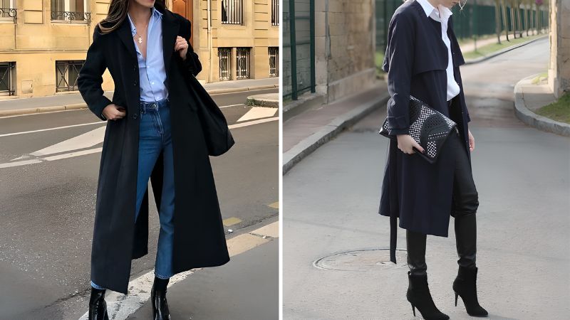 Áo sơ mi phối trench coat tối màu