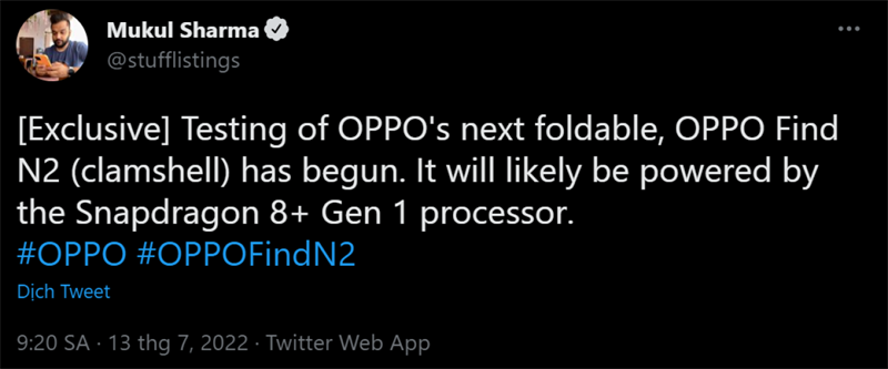 Tweet rò rỉ thông tin về OPPO Find N2 Tweet rò rỉ thông tin về OPPO Find N2