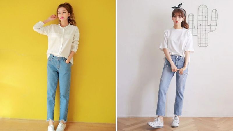 Quần jeans phối với áo sơ mi hoặc áo phông