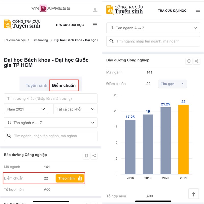 Cách xem điểm chuẩn qua từng năm