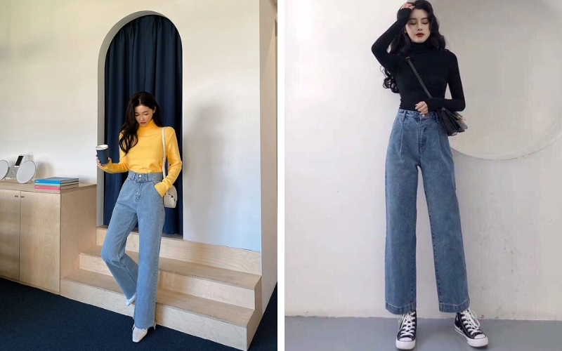 Áo cổ lọ với quần jeans cạp cao