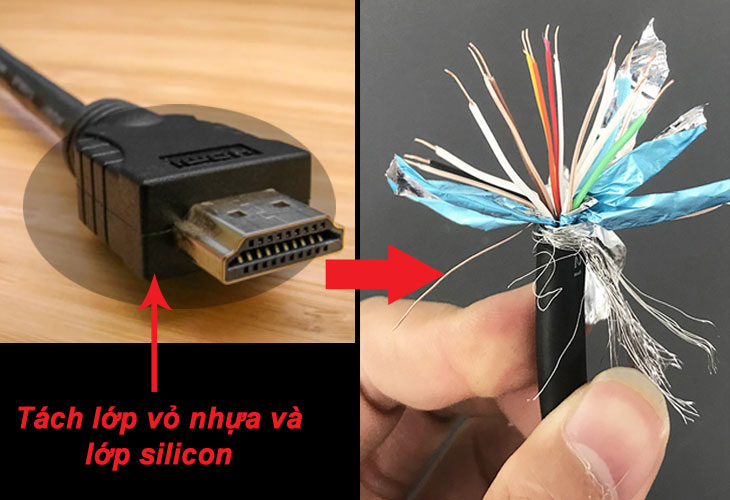 Tách bỏ phần nhựa bao bọc bên ngoài để xác định thứ tự màu của các dây cáp HDMI