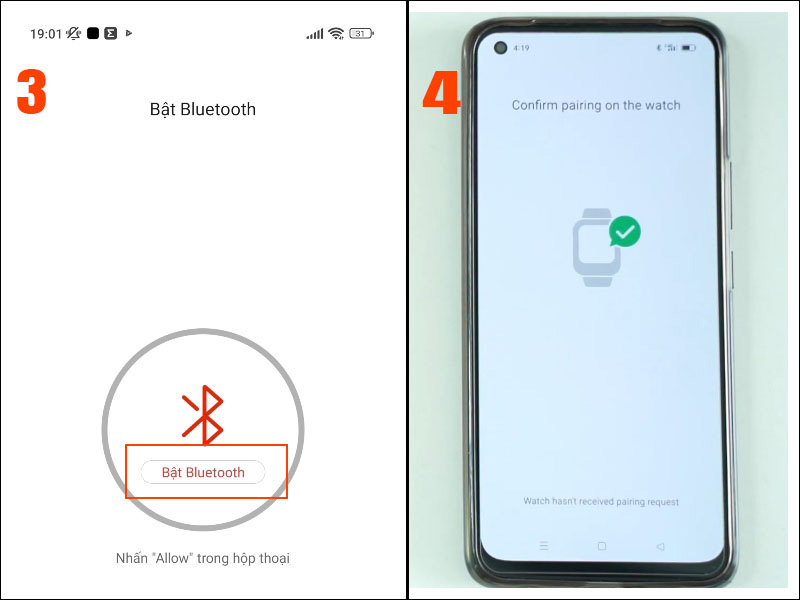 Bật Bluetooth > Chọn Allow > Để đồng hồ gần điện thoại