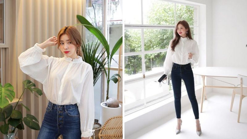 Phối quần jean lưng cao với áo blouse