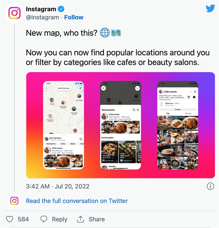 Hình ảnh tính năng bản đồ được Instargram công bố trên Twitter