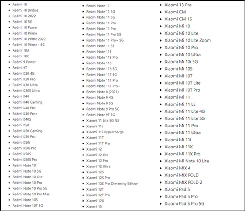 Danh sách các thiết bị cập nhật MIUI 14