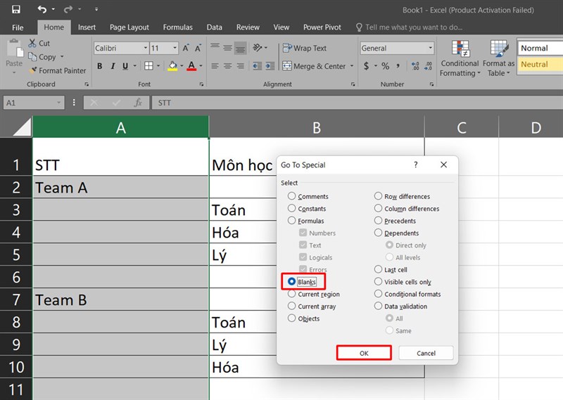 Cách đánh số thứ tự khi có dòng ngăn cách trong Excel
