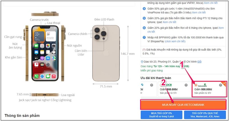 Bước 2: Click vào sản phẩm. Chọn 1,2 như hình bên dưới.