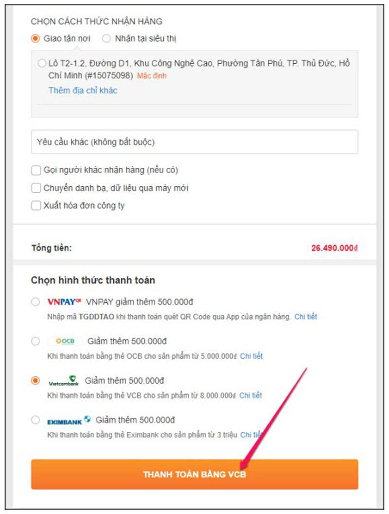 Bước 3: Nhập thông tin và chọn thanh toán qua VCB