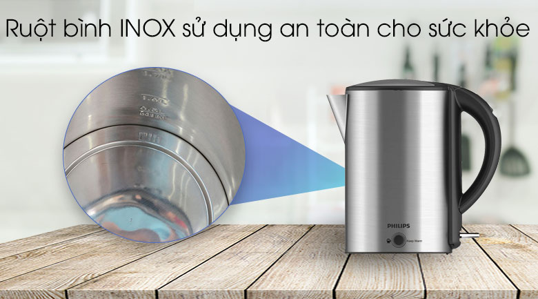 Bình đun siêu tốc giữ nhiệt Philips 1.7 lít HD9316 sử dụng chất liệu inox bền bỉ sáng bóng