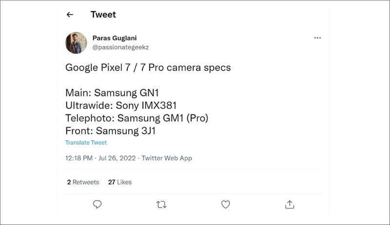 Cấu hình camera của Google Pixel 7, Pixel 7 Pro được tiết lộ