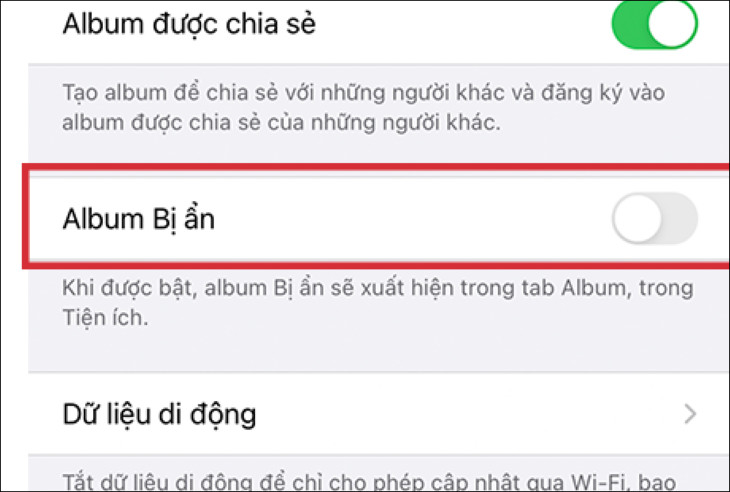 Tiếp tục vào Cài đặt > Chọn Ảnh > Chọn tắt mục Album Bị ẩn. 