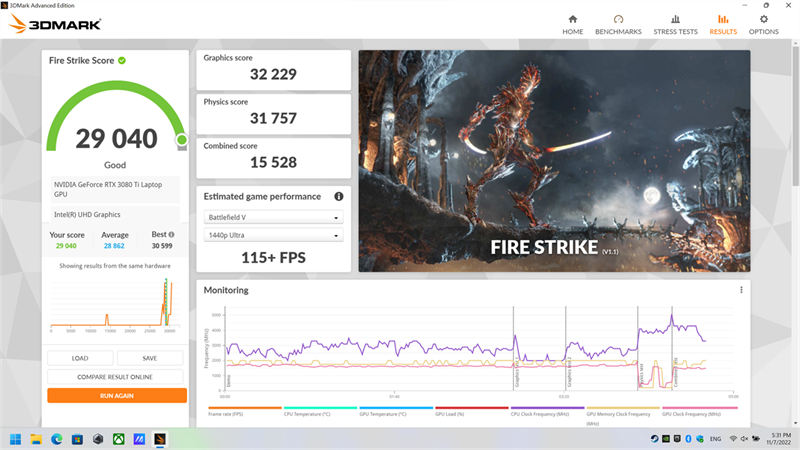 3DMark Fire Strike của ASUS ROG Strix SCAR 17 SE.