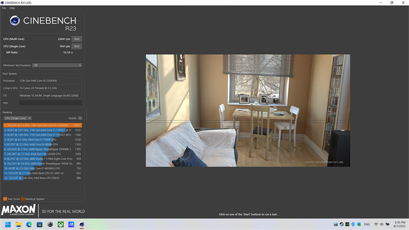Điểm CineBench R23 của ASUS ROG Strix SCAR 17 SE.