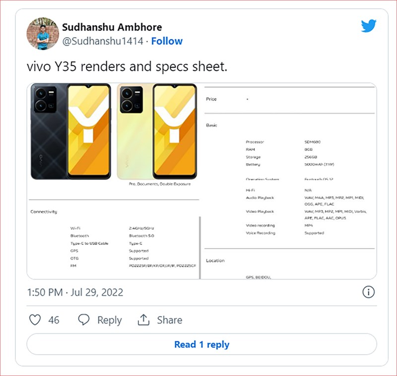 Vivo Y35 lộ ảnh render với Snapdragon 680, camera 50MP, dự kiến sớm ra mắt Vivo Y35 lộ ảnh render với Snapdragon 680, camera 50MP, dự kiến sớm ra mắt