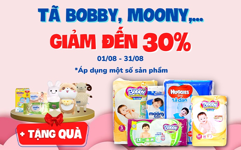 Từ ngày 01/08 – 31/08/2022, tã bỉm các loại giảm đến 30%