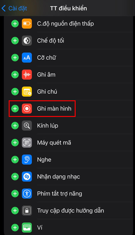 Chọn thêm mục ghi màn hình 