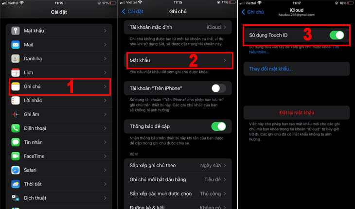 Bật Touch ID để mở khóa cho ghi chú