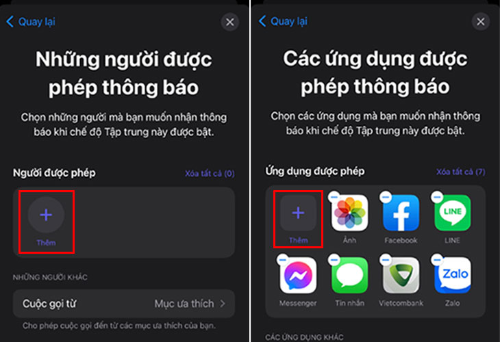 Thêm danh bạ và ứng dụng mà bạn muốn nhận thông báo