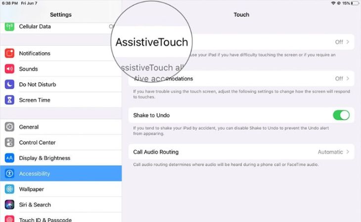 Vào mục Settings chọn Accessbility rồi chọn Touch tiếp đến chọn AssistiveTouch.