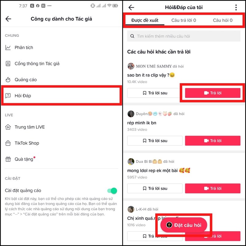 Cách bật hỏi đáp trên TikTok