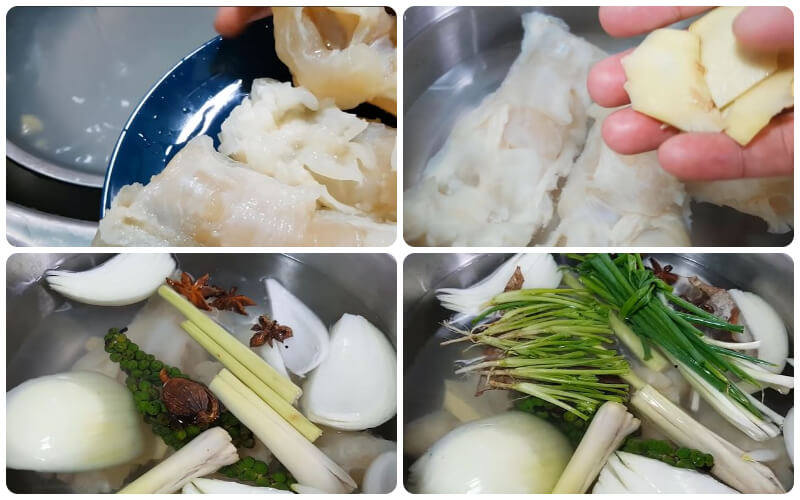 Bring beef tendon to boil with onion, pepper, ginger, star anise, cardamom, lemongrass, coriander, green onion
