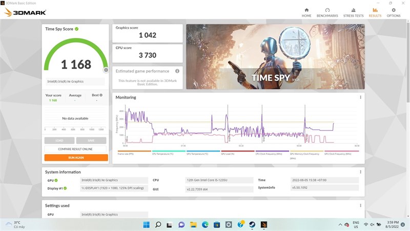 Điểm số 3Dmark của HP 15s fq5078TU. Điểm số 3Dmark của HP 15s fq5078TU.