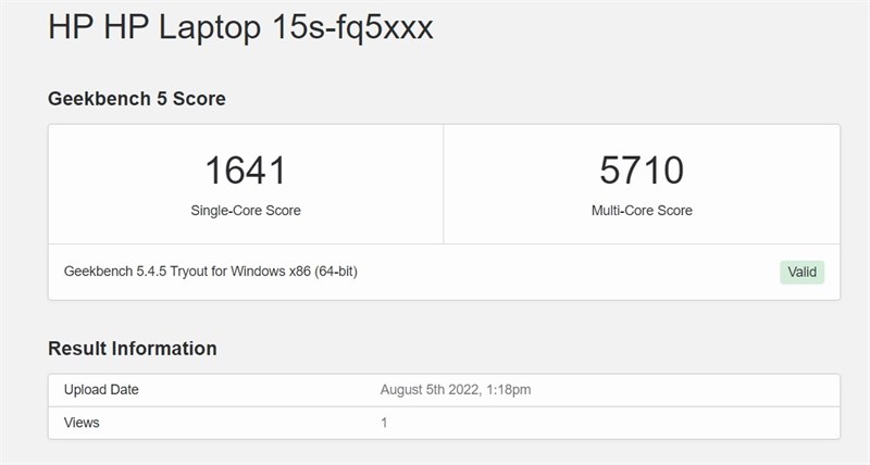 Điểm số Geekbench 5 của HP 15s fq5078TU. Điểm số Geekbench 5 của HP 15s fq5078TU.
