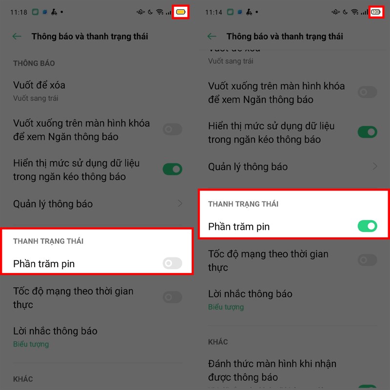 Cách hiển thị phần trăm pin trên OPPO