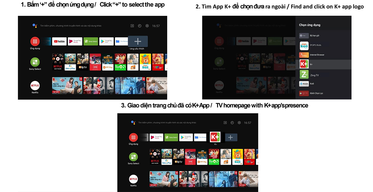 Đưa ứng dụng K+ ra màn hình trang chủ Android TV