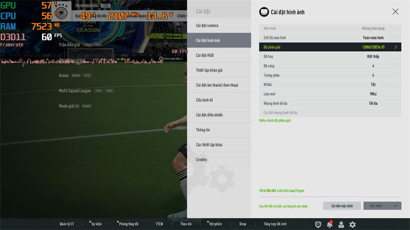 Thiết lập đồ họa trong FIFA Online 4 trên Vivobook 14X OLED.