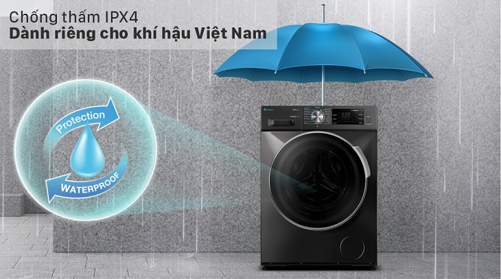 Vì sao nên chọn mua máy giặt lồng ngang Casper Inverter cho gia đình? > Chống thấm nước IPX4, dành riêng cho khí hậu Việt Nam