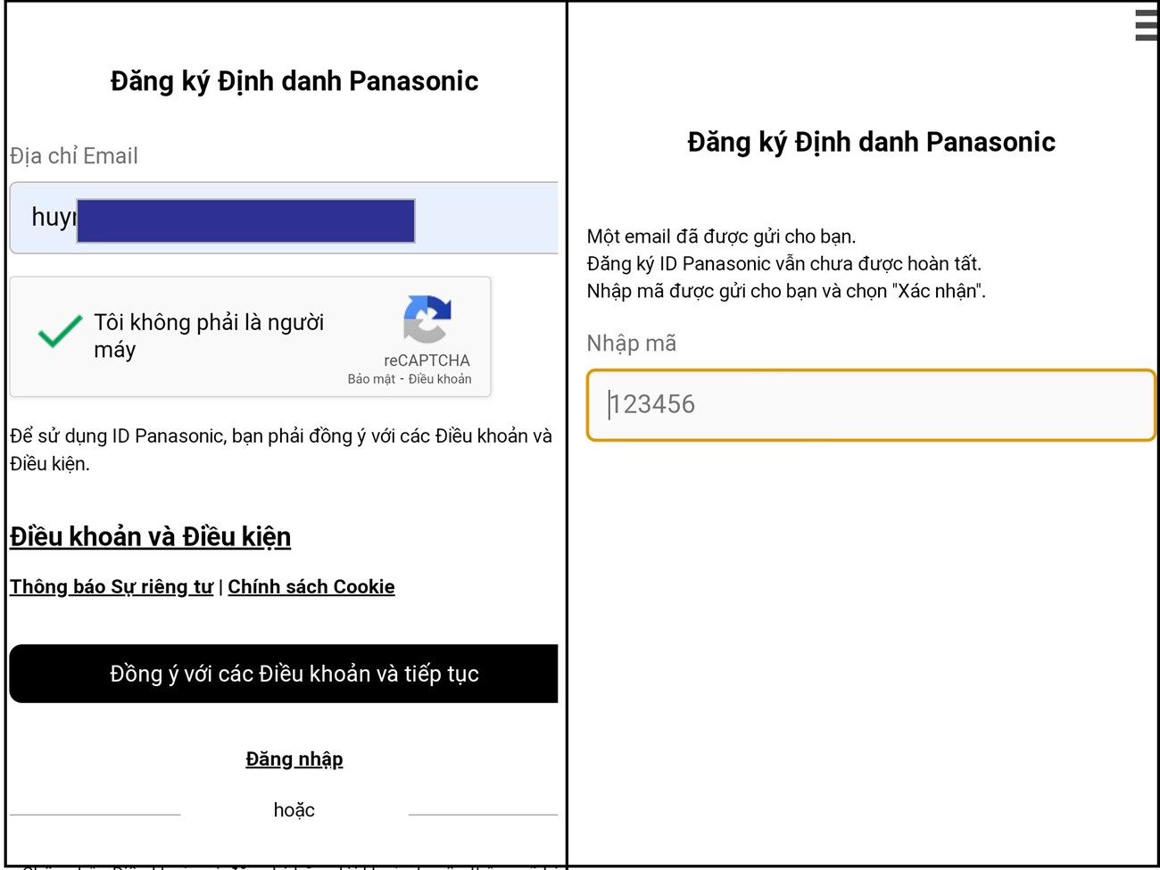 Ứng dụng điều khiển thiết bị gia dụng thông minh smartApp Panasonic > Bước 2: Tạo tài khoản mới bằng cách thiết lập email, mật khẩu, nhập mã xác minh.