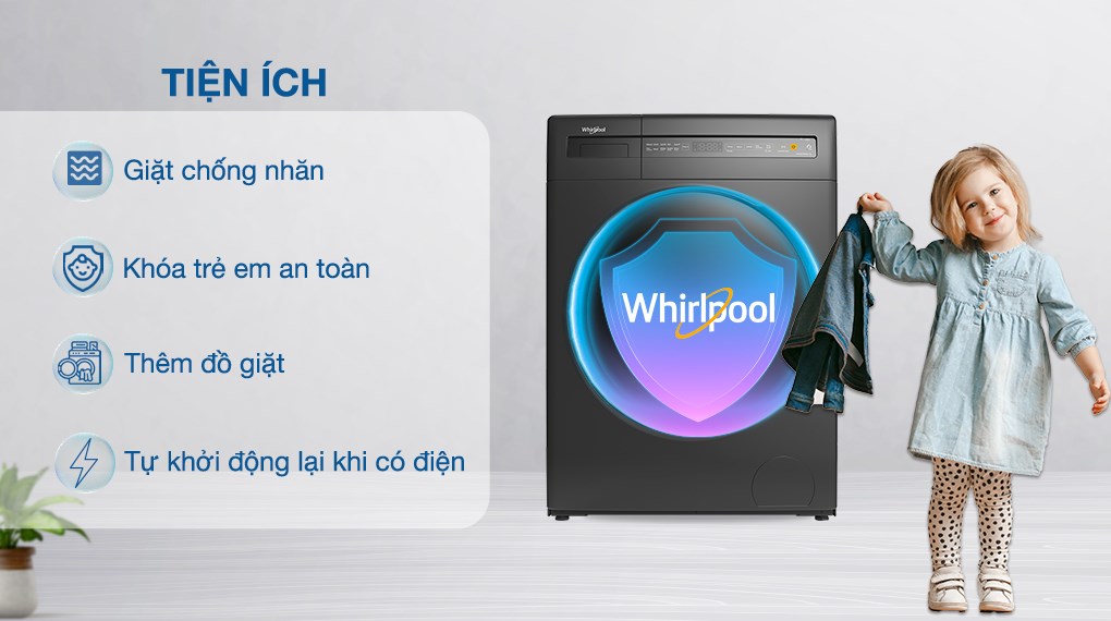 7 lý do do nên mua máy giặt cửa trên Whirlpool cho gia đình > Một số tiện ích khác trên máy giặt Máy giặt Whirlpool Inverter 11.5 kg VWIID11502FG 