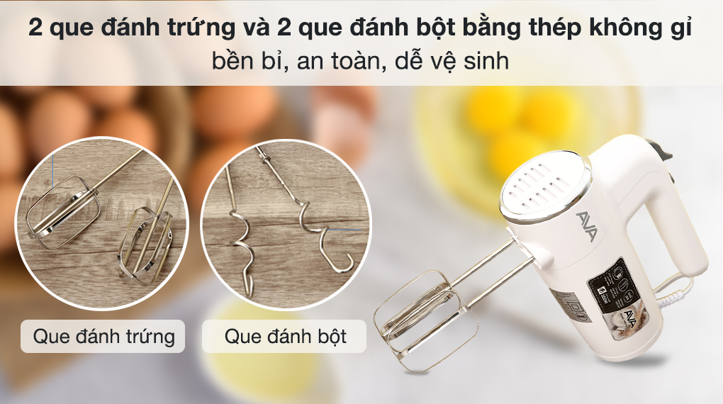 Máy đánh trứng AVA HM9103-GS có que trộn là thép không gỉ dễ dàng tẩy rửa, không bị ám mùi Máy đánh trứng AVA HM9103-GS có que trộn là thép không gỉ dễ dàng tẩy rửa, không bị ám mùi