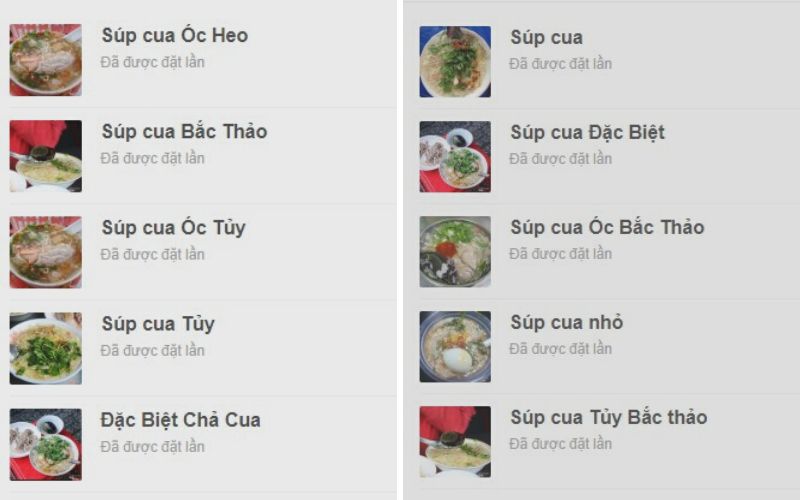 Menu quán Súp cua Cô Bông