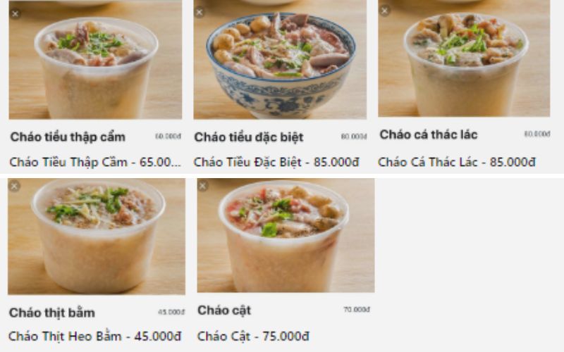 Menu quán Cháo Tiều cô Phương