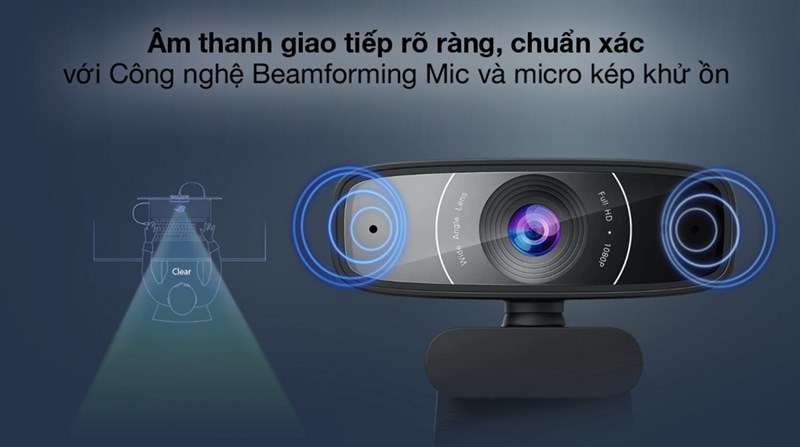 Webcam được trang bị công nghệ mic kép và mic khử ồn.