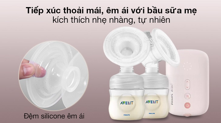 Máy hút sữa điện đôi Philips Avent Eureka SCF393.11 sử dụng miếng đệm silicon hình cánh hoa, ôm trọn bầu ngực mẹ, giúp kích thích lượng sữa tiết ra nhiều hơn