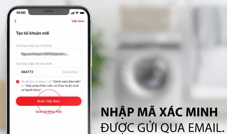 Nhập mã xác minh được gửi qua Email