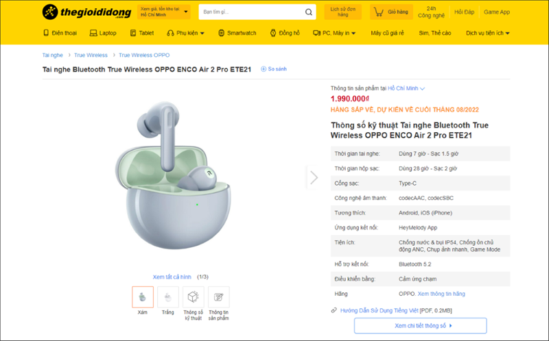 OPPO Enco Air 2 Pro hiển thị trạng thái hàng sắp về trên trang TGDĐ