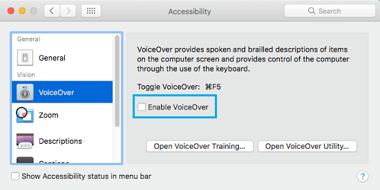 Công nghệ VoiceOver là gì? Cách bật, tắt VoiceOver trên MacBook > Bỏ chọn hộp nhỏ bên cạnh Enable VoiceOver nếu bạn muốn tắt hoặc ngược lại.
