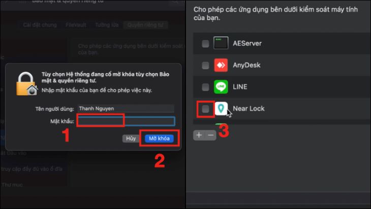 Cấp quyền truy cập cho Near Lock trên MacBook