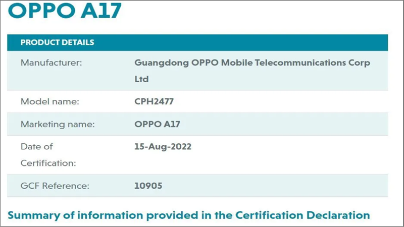 Chứng nhận GCF của OPPO A17