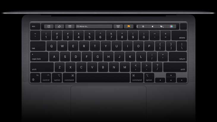 Laptop MacBook Pro M2 2022 có thêm thanh cảm ứng Touch Bar giúp bạn sử dụng phím F1 đến F12 dễ dàng