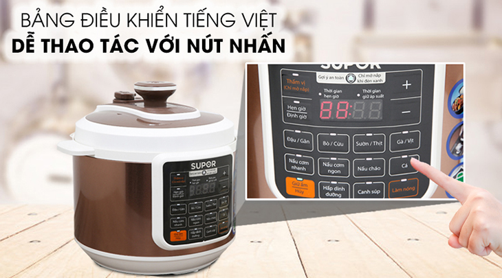 Nồi áp suất điện Supor có bảng điều khiển có tiếng Việt dễ sử dụng