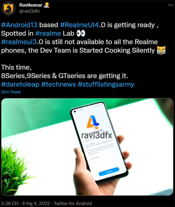 Tweet rò rỉ về Realme UI 4