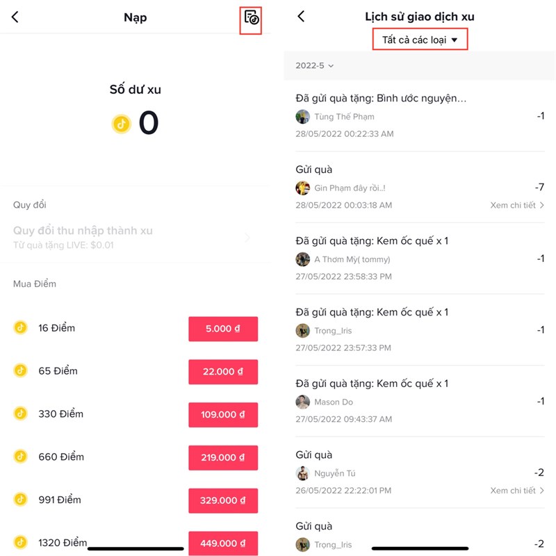 Cách xem lịch sử nạp xu trên TikTok