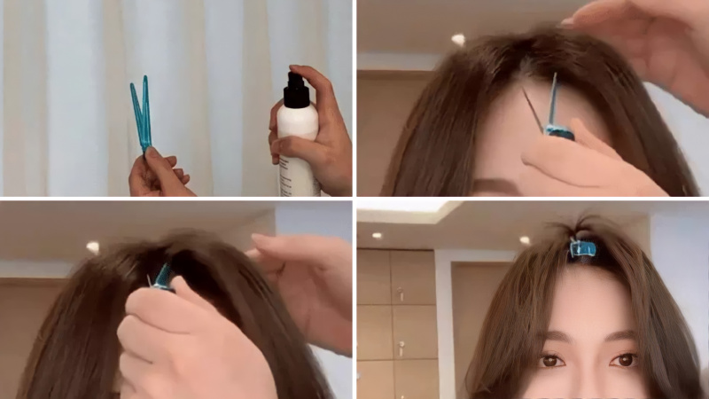 Use duckbill clips to clip in the middle of the bangs