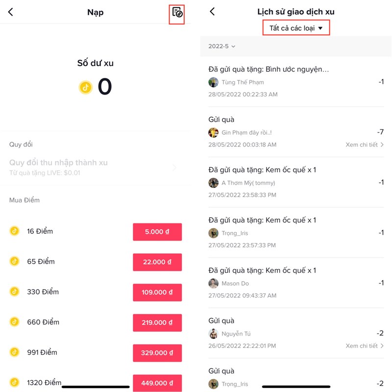 Cách xem lịch sử xu đã tặng trên TikTok